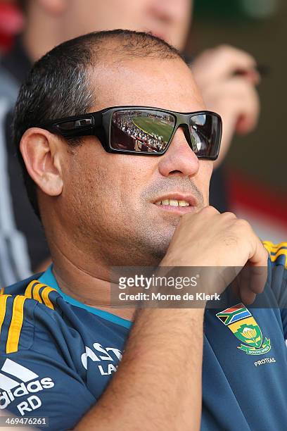 South African coach, Russell Domingo, looks on during day four of the First Test match between South Africa and Australia on February 15, 2014 in...