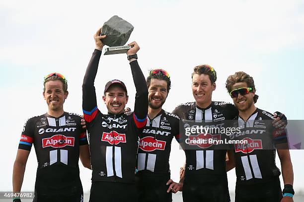 John Degenkolb of Germany and Team Giant-Alpecin celebrates with his team after winning the 2015 Paris - Roubaix cycle race from Compiegne to Roubaix...