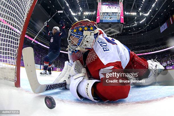 Phil Kessel of the United States celebrates after teammate Cam Fowler scored a goal on Sergei Bobrovski of Russia in the second period during the...