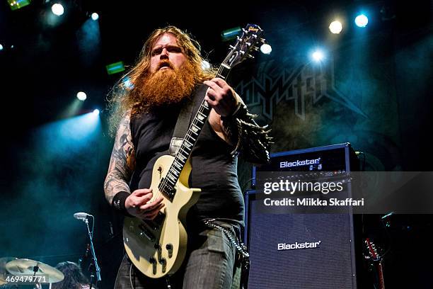 Guitarist Nate "N8 Feet Under" Garnette of Skeletonwhitch performs as a warmup for Amon Amarth at Grand Regency Ballroom on February 14, 2014 in San...