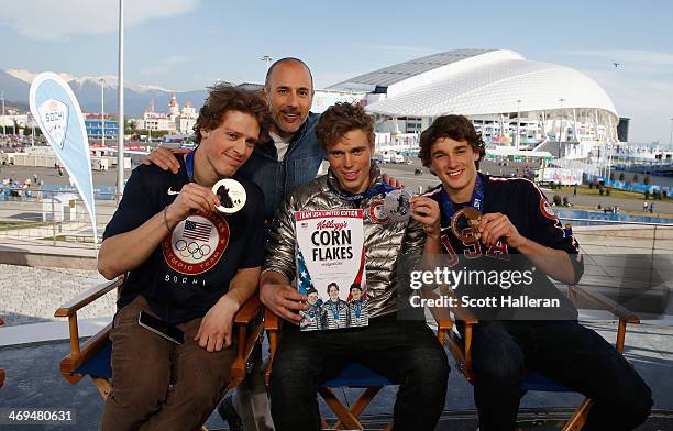 Matt Lauer of the NBC TODAY Show chats with Joss Christensen, Gus Kenworthy and Nick Goepper of the USA Skiing team in the Olympic Park during the...