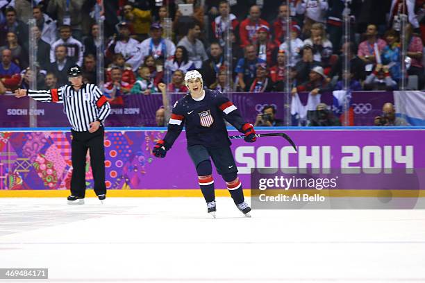 Oshie of the United States celebrates after scoring on a shootout against Sergei Bobrovski of Russia to win the Men's Ice Hockey Preliminary Round...