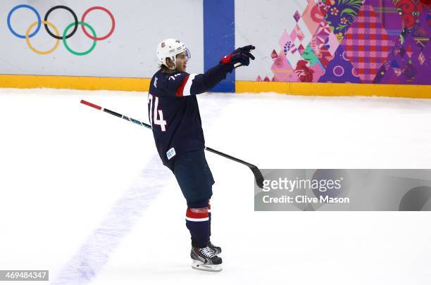 Oshie of the United States celebrates after scoring on a shootout against Sergei Bobrovski of Russia to win the Men's Ice Hockey Preliminary Round...