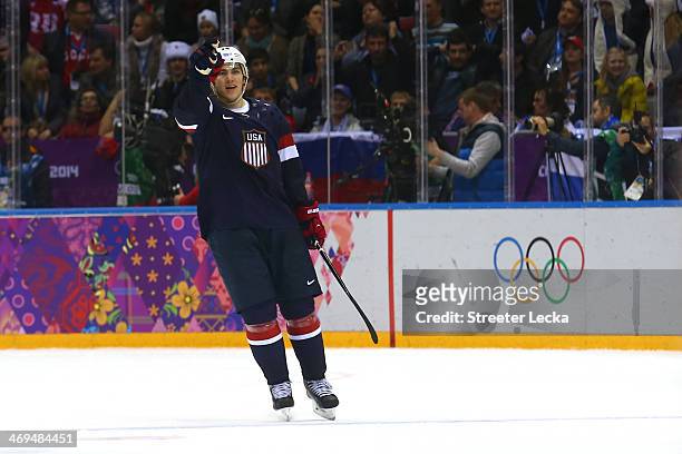 Oshie of the United States celebrates after scoring on a shootout against Sergei Bobrovski of Russia to win the Men's Ice Hockey Preliminary Round...