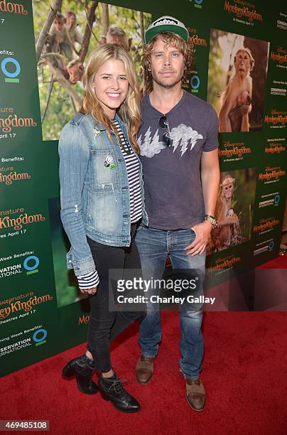 Actors Sarah Wright and Eric Christian Olsen attend the world premiere Of Disney's "Monkey Kingdom" at Pacific Theatres at The Grove on April 12,...