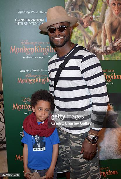 Actor Taye Diggs and son Walker Diggs attend the world premiere Of Disney's "Monkey Kingdom" at Pacific Theatres at The Grove on April 12, 2015 in...
