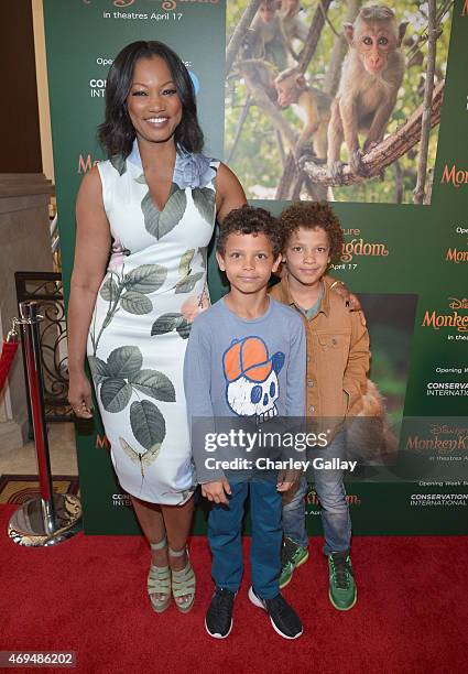 Actress Garcelle Beauvais and sons Jaid Thomas Nilon and Jax Joseph Nilon attend the world premiere Of Disney's "Monkey Kingdom" at Pacific Theatres...