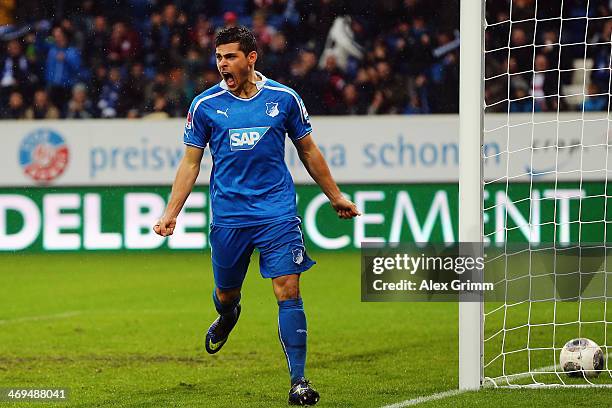 Kevin Volland of Hoffenheim celebrates his team's second goal during the Bundesliga match between 1899 Hoffenheim and VfB Stuttgart on February 15,...