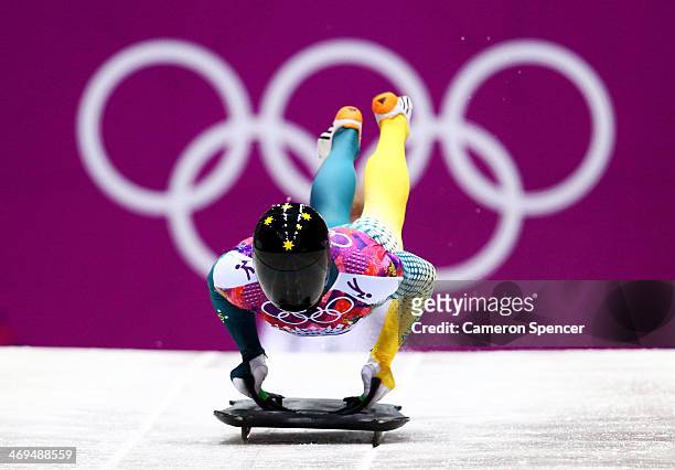 John Farrow of Australia makes a run during the Men's Skeleton on Day 8 of the Sochi 2014 Winter Olympics at Sliding Center Sanki on February 15,...