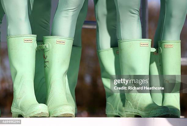 Detailed view of the wellies of the Cambridge crew before the BNY Mellon University Boat Race on The River Thames on April 11, 2015 in London,...