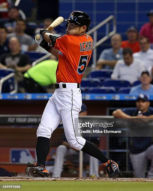 Ichiro Suzuki of the Miami Marlins hits in the second inning during a game against the Tampa Bay Rays at Marlins Park on April 12, 2015 in Miami,...