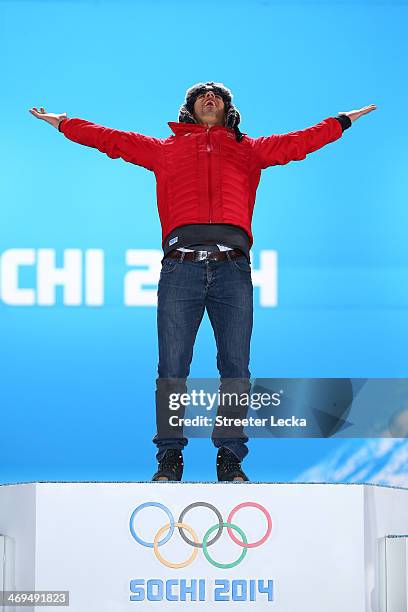 Gold medalist Sandro Viletta of Switzerland celebrates on the podium during the medal ceremony for the Alpine Skiing Men's Super Combined on day 8 of...