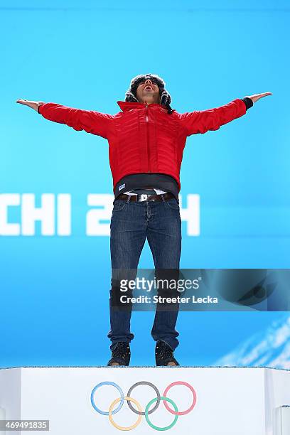 Gold medalist Sandro Viletta of Switzerland celebrates on the podium during the medal ceremony for the Alpine Skiing Men's Super Combined on day 8 of...