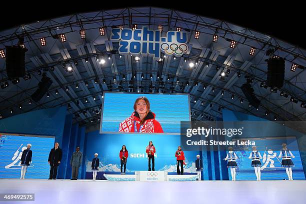 Silver medalist Ivica Kostelic of Crioatia, gold medalist Sandro Viletta of Switzerland and bronze medalist Christof Innerhofer of Italy on the...