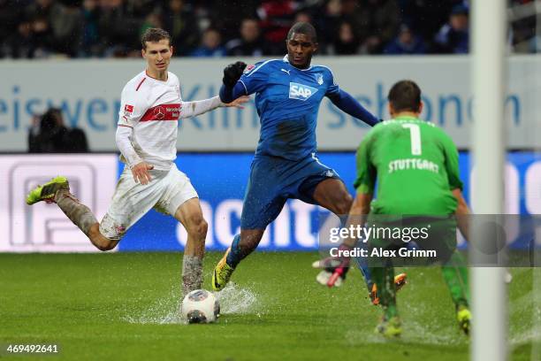 Anthony Modeste of Hoffenheim tries to score against goalkeeper Sven Ulreich and Daniel Schwaab of Stuttgart during the Bundesliga match between 1899...