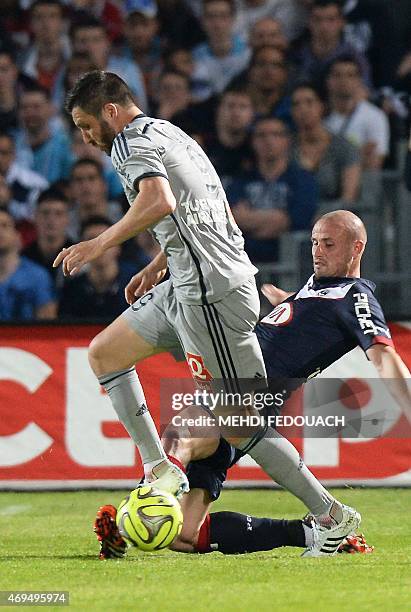 Bordeaux's Nicolas Pallois vies with Marseille's Andre-Pierre Gignac during the French L1 football match between Girondins de Bordeaux and Marseille...