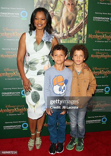 Garcelle Beauvais and sons Jaid Thomas Nilon and Jax Joseph Nilon attend the world premiere Of Disney's 'Monkey Kingdom' at Pacific Theatres at The...