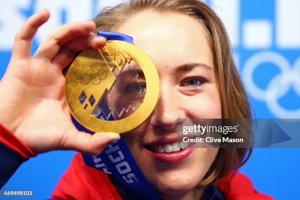 Gold medalist Lizzy Yarnold of Great Britain celebrates during the medal ceremony for the Women's Skelton on day 8 of the Sochi 2014 Winter Olympics...