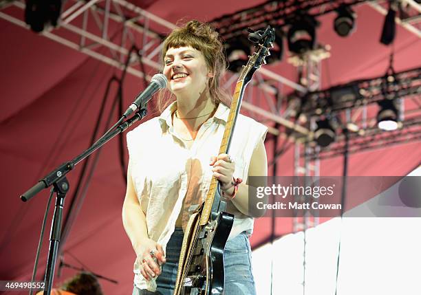 Musician Angel Olsen performs onstage during day 3 of the 2015 Coachella Valley Music & Arts Festival at the Empire Polo Club on April 12, 2015 in...