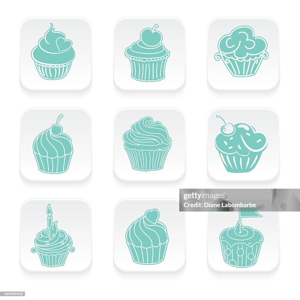 Set of Nine Cute Cupcake Icons On 3D Button