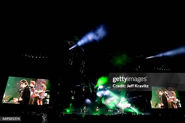 Musicians Gus Unger-Hamilton, Joe Newman, Gwil Sainsbury and Thom Green of alt-J perform onstage during day 2 of the 2015 Coachella Valley Music &...