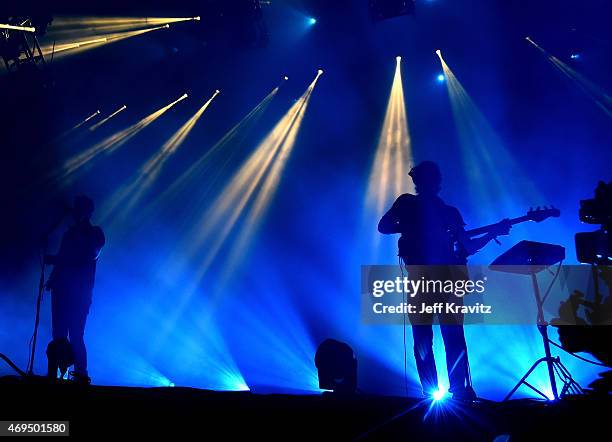 Musicians Joe Newman, Gwil Sainsbury and Thom Green of alt-J perform onstage during day 2 of the 2015 Coachella Valley Music & Arts Festival at the...