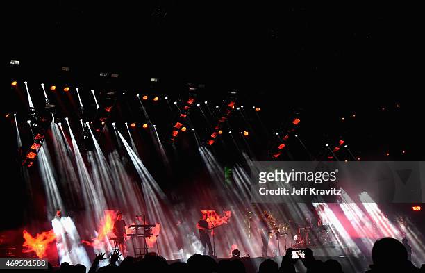 Musicians Gus Unger-Hamilton, Joe Newman, Gwil Sainsbury and Thom Green of alt-J perform onstage during day 2 of the 2015 Coachella Valley Music &...
