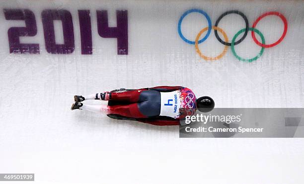 Tomass Dukurs of Latvia makes a run during the Men's Skeleton on Day 8 of the Sochi 2014 Winter Olympics at Sliding Center Sanki on February 15, 2014...