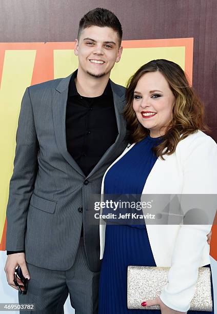 Personalities Tyler Baltierra and Catelynn Lowell attend The 2015 MTV Movie Awards at Nokia Theatre L.A. Live on April 12, 2015 in Los Angeles,...