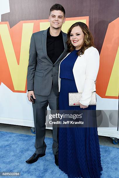 Personalities Tyler Baltierra and Catelynn Lowell attend The 2015 MTV Movie Awards at Nokia Theatre L.A. Live on April 12, 2015 in Los Angeles,...