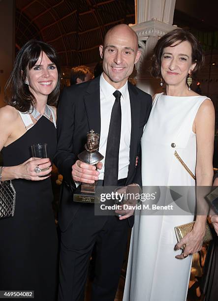 Liza Marshall, Mark Strong and Haydn Gwynne attend The Olivier Awards after party at The Royal Opera House on April 12, 2015 in London, England.