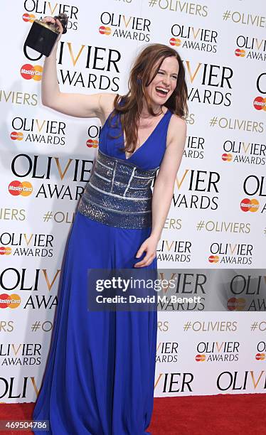 Katie Brayben, winner of Best Actress In A Musical for "Beautiful: The Carole King Musical", poses in the winners room at The Olivier Awards at The...