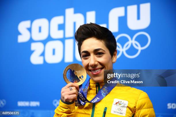 Bronze medalist Lydia Lassila of Australia celebrates during the medal ceremony for the Freestyle Skiing Ladies' Aerials on day 8 of the Sochi 2014...