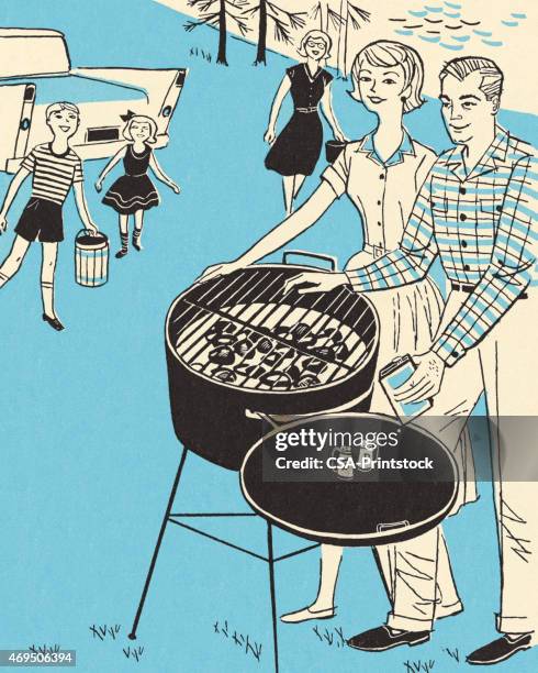 outdoor barbecue - family at a picnic stock illustrations