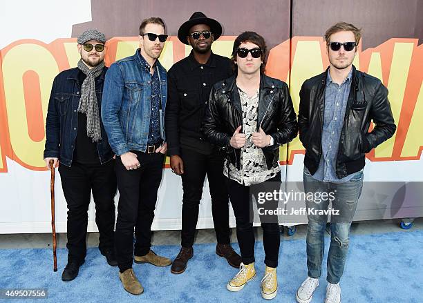 Recording artists Mike Retondo, Tim Lopez, De'Mar Hamilton, Tom Higgenson and Dave Tirio of music group Plain White T's attend The 2015 MTV Movie...