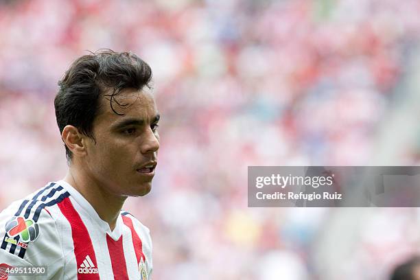 Omar Bravo of Chivas looks on during a match between Chivas and Leon as part of 13th round of Clausura 2015 Liga MX at Omnilife Stadium on April 12,...
