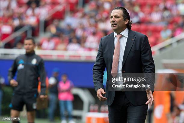 Antonio Pizzi, coach of Leon shouts instructions to his players during a match between Chivas and Leon as part of 13th round of Clausura 2015 Liga MX...