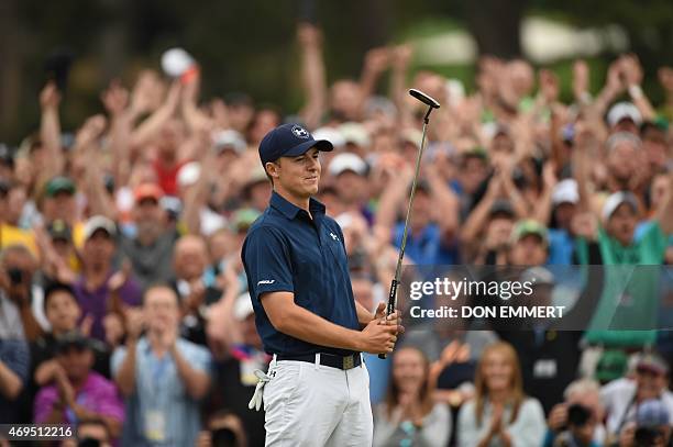 Jordan Spieth of the US celebrates winning the 79th Masters Golf Tournament at Augusta National Golf Club on April 12 in Augusta, Georgia. AFP...