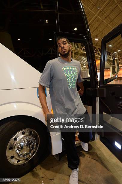 LaMarcus Aldridge arrives to NBA All-Star Practice at Sprint Arena as part of 2014 NBA All-Star Weekend at the Ernest N. Morial Convention Center on...