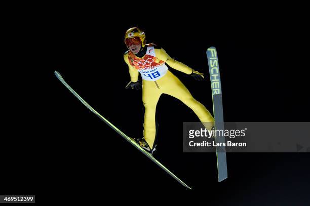 Noriaki Kasai of Japan jumps during the Men's Large Hill Individual 1st Round on day 8 of the Sochi 2014 Winter Olympics at the RusSki Gorki Ski...
