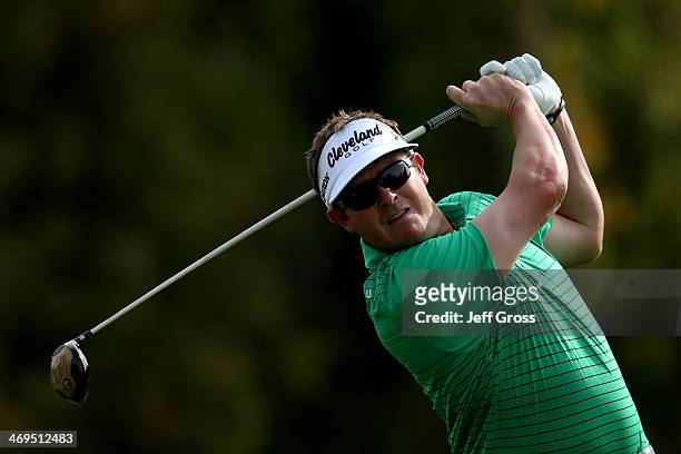Charlie Beljan hits a tee shot on the 2nd hole in the third round of the Northern Trust Open at the Riviera Country Club on February 15, 2014 in...