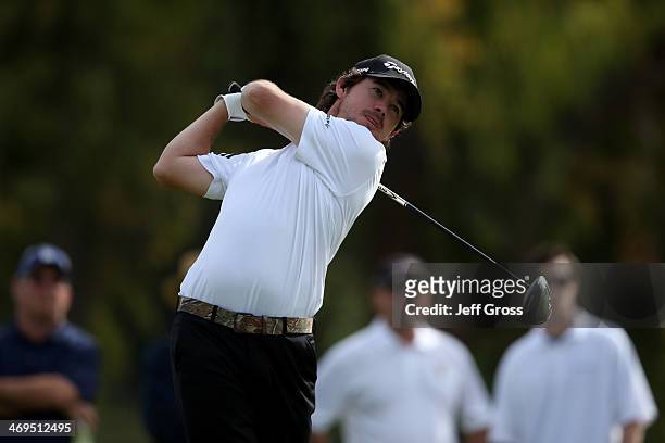 Brian Harman hits a tee shot on the 2nd hole in the third round of the Northern Trust Open at the Riviera Country Club on February 15, 2014 in...