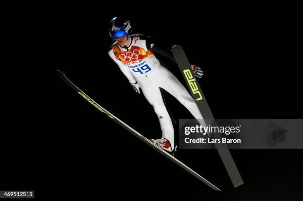 Peter Prevc of Slovenia jumps during the Men's Large Hill Individual 1st Round on day 8 of the Sochi 2014 Winter Olympics at the RusSki Gorki Ski...