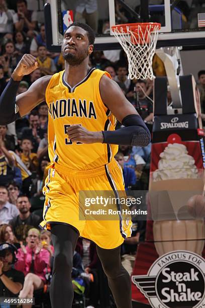 Roy Hibbert of the Indiana Pacers during the game against Oklahoma City Thunder on April 12, 2015 at Bankers Life Fieldhouse in Indianapolis,...