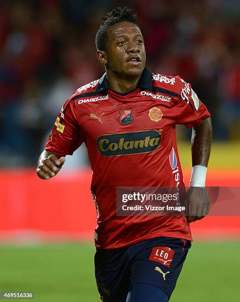 Brayan Angulo of Independiente Medellin celebrates after scoring the second goal of his team during a match between Medellin and Deportivo Cali as...