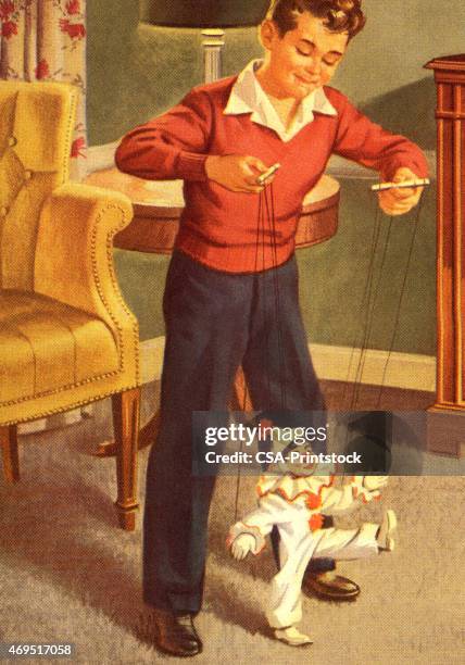 boy playing with a marionette - puppet stock illustrations