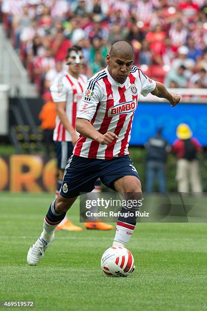 Carlos Salcido of Chivas drives the ball during a match between Chivas and Leon as part of 13th round of Clausura 2015 Liga MX at Omnilife Stadium on...