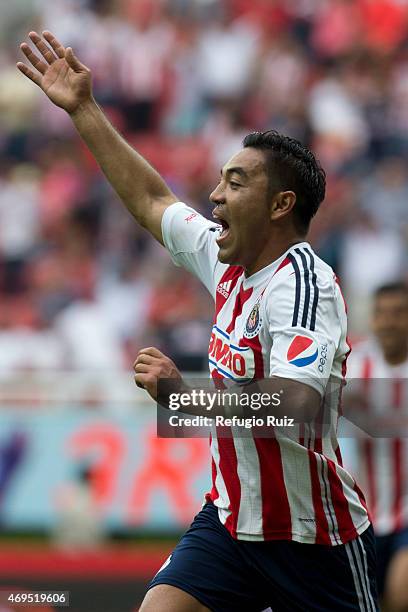 Marco Fabian de la Mora of Chivas celebrates after scoring the opening goal during a match between Chivas and Leon as part of 13th round of Clausura...