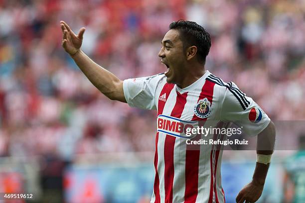 Marco Fabian de la Mora of Chivas celebrates after scoring the opening goal during a match between Chivas and Leon as part of 13th round of Clausura...