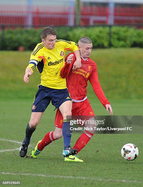 Martin Smith of Sunderland and David Roberts of Liverpool in action during the Barclays Premier League Under 18 fixture between Liverpool and...